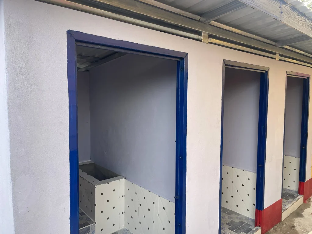 School Toilet Construction at Sre-Andong High School Newly constructed school toilet facilities at Sre-Andong High School, improving sanitation and hygiene for students in rural Cambodia.
